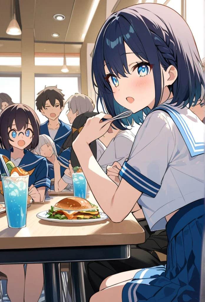 You are a professional illustrator。Please carefully check and draw the illustration according to the following conditions.。High school students enjoying their lunch in a crowded cafeteria、Delicate and beautiful anime face、Clear Eyes、Sailor suit、Braided short hair、