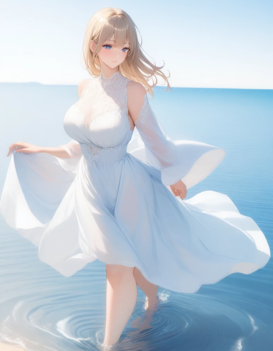 ((Highest quality、、masterpiece:1.3)), Upper Body、Long legs、Sharp focus:1.2, Beautiful woman with perfect figure:1.4、Big Breasts, (Smiling:1.2), double eyelid、30-year-old female、Sexy pose、((((walking on the water,bare foot,Close your mouth、One Woman、dress:1.5))))、Blue Eyes,Fantasy