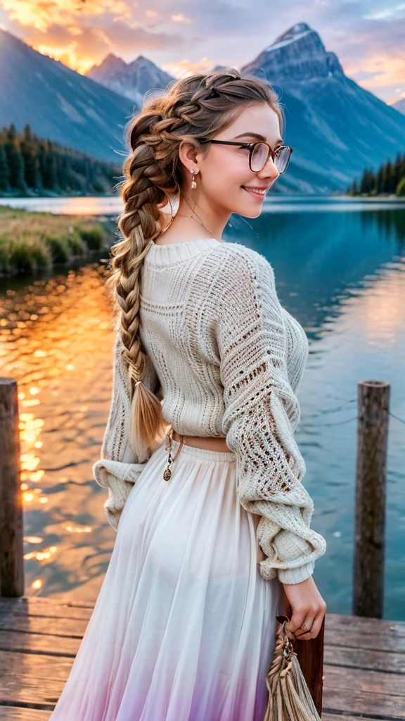 1 girl, blush,  Closed mouth, earrings, parts, gradient, jewelry, wide, long sleeves, looking at the viewer, Alone, twin braids, Upper part of the body, Black frame glasses, seductive smile, wind, by the floating, wavy fur, light smile, from behind, Back, 
Masterpiece, Best Quality, intricate details,sunset, 
a wooden dock leading to a lake with a mountain in the Background at sunset or dawn with clouds in the sky,  lake, a picture, neo-romanticismvvWhite skin
1 girl, blush,  Closed mouth, earrings, parts, gradient, jewelry, wide, long sleeves, looking at the viewer, Alone, twin braids, Upper part of the body, Black frame glasses, seductive smile, wind, by the floating, wavy fur, light smile, from behind, Back, 
Masterpiece, Best Quality, intricate details,sunset, 
a wooden dock leading to a lake with a mountain in the Background at sunset or dawn with clouds in the sky,  lake, a picture, neoromanticismWhite skinWhite skin