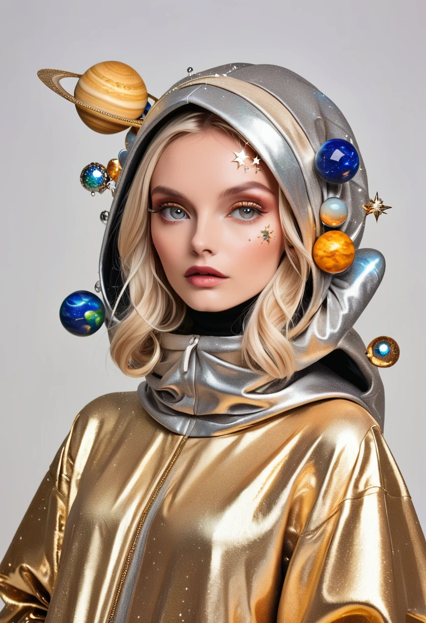 fashion photography of a blonde woman wearing an outfit made out of planets, wearing a big silver and gold hood with crystals on the ends that look like stars. The headpiece features planets in a sparkly, glittery style