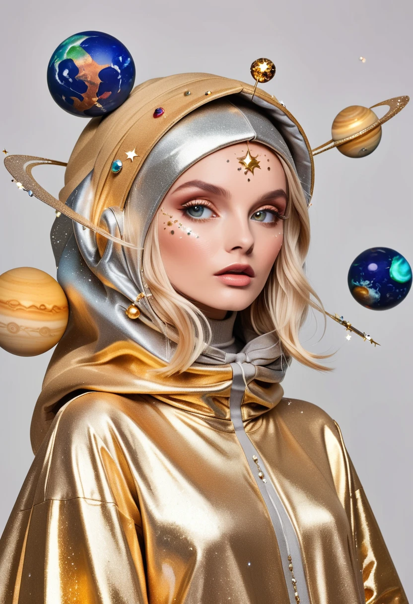 fashion photography of a blonde woman wearing an outfit made out of planets, wearing a big silver and gold hood with crystals on the ends that look like stars. The headpiece features planets in a sparkly, glittery style