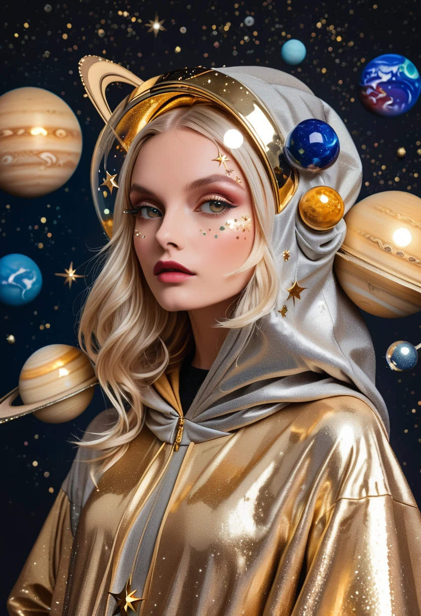 fashion photography of a blonde woman wearing an outfit made out of planets, wearing a big silver and gold hood with crystals on the ends that look like stars. The headpiece features planets in a sparkly, glittery style