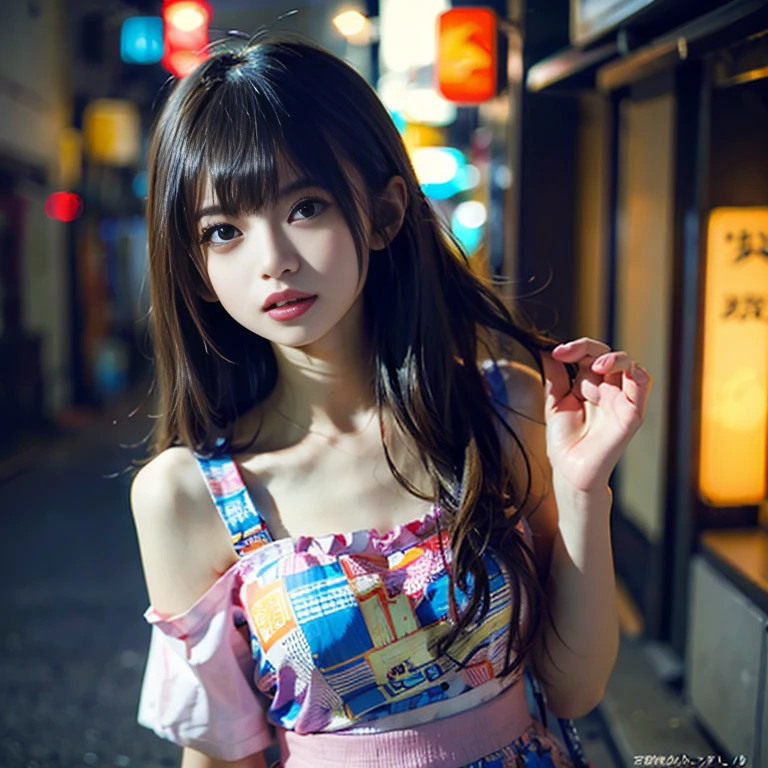 1 girl、On the streets of Tokyo、city View、夜のcity View、Neon Street、Upper part of the body、close up、a smile、、(8K、Original Photography、Top quality、masterpiece:1.2)、(Realist、フォトRealist:1.37)、Highly detailed eyelash drawing、(((Top image quality))), (Beautiful hair), (perfect Anatomy), (Practical), (Dynamic Angle), The pose is seductive,perfect, look、Top quality、high resolution、