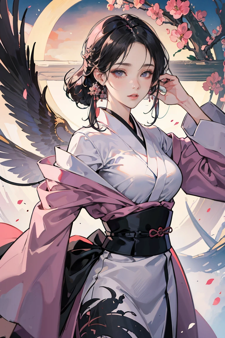 (masterpiece), best quality, seductive eyes, mature woman, black eyes, small eyes, black hair, long eyelashes, white and pink kimono, swordswoman, big breast, anime cover, 1girl, tall,
