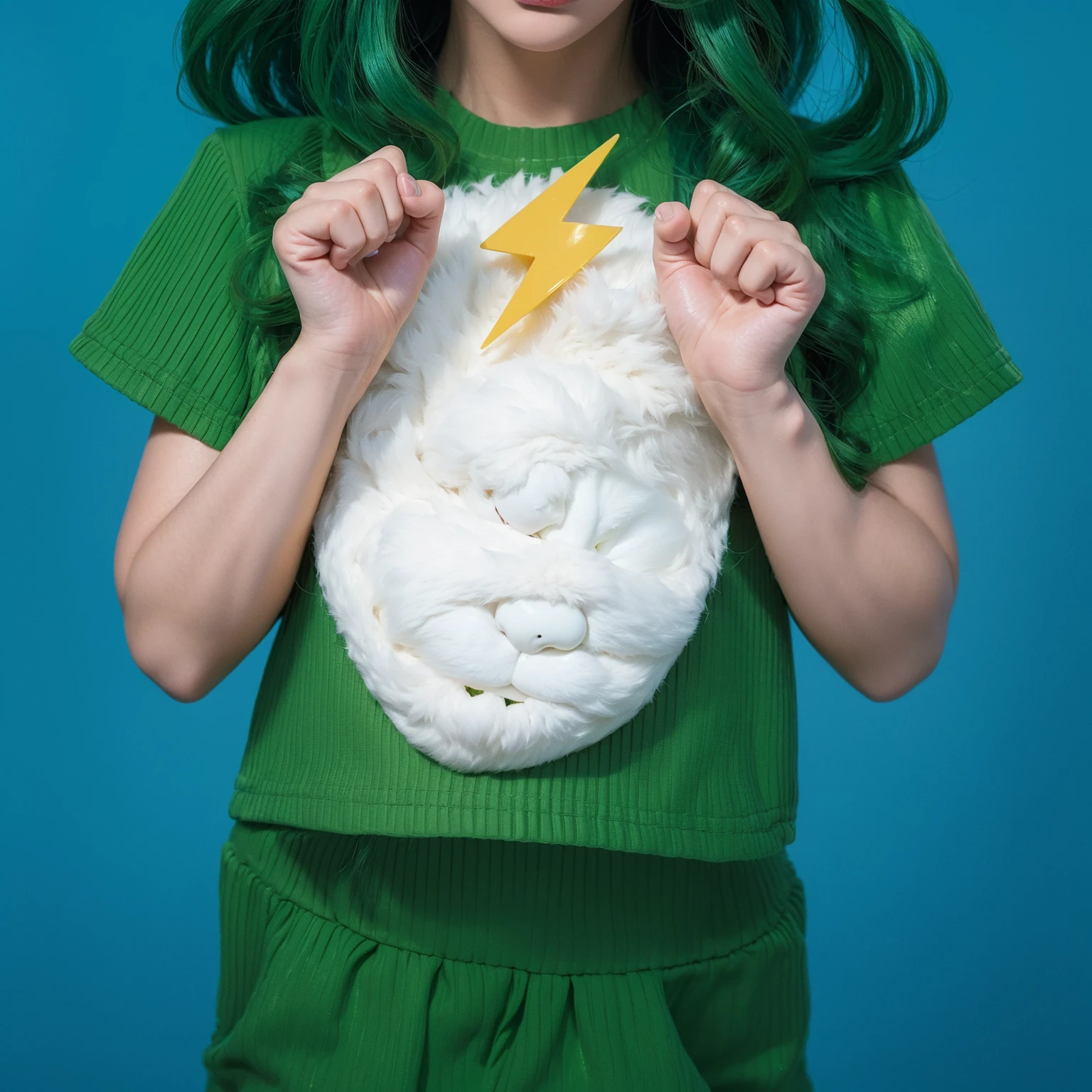 This image features a dressed in a vibrant green outfit, symbolizing energy and youthful vibrancy. The outfit includes a textured white chest piece resembling a fluffy bunny's belly, adding a playful and imaginative touch to the ensemble. The is holding a bright yellow lightning bolt, further emphasizing the dynamic and energetic theme. The green attire is rich in color and matches the child's curly green hair, suggesting a coordinated and thoughtfully designed costume that might be part of a performance or a festive celebration. The solid bright blue background contrasts sharply with the green, making the outfit and the lightning bolt stand out prominently, focusing attention on the child's midsection and the items they are presenting. This setup captures a moment of playful creativity, showcasing a costume that is both f The bright blue background complements her vivid attire and cheerful demeanor, creating a cohesive and eye-catching visual. This portrayal captures the essence of a character full of life, joy, and a touch of whimsy. 3d model, multiple light sources, rim light, sharp post broken glass magic ball of turquoise color with fragments lying nearby frame above from above on a white background effects render, (glossy plastic texture with multiple big light probe refractions), perfect cgi, smooth silhouette, high intensity refraction, (super glossy plastic material), most beautiful vfx, , realistic, 4k, high resolution, rim light, smooth 3d model, multiple light sources, rim light, sharp post effects render,, realistic, 4k, high resolution, rim light detailed digital art, reflective, best quality, 4k, masterpiece:1.2, ultra-detailed, realistic, vivid colors, The image of the highest quality, ensuring every detail showcased perfectly. It in 4k resolution, allowing viewers to immerse themselves in the richness of the colors and intricate details. The realistic rendering. under the spotlight, reflecting, high-resolution image, realistic rendering