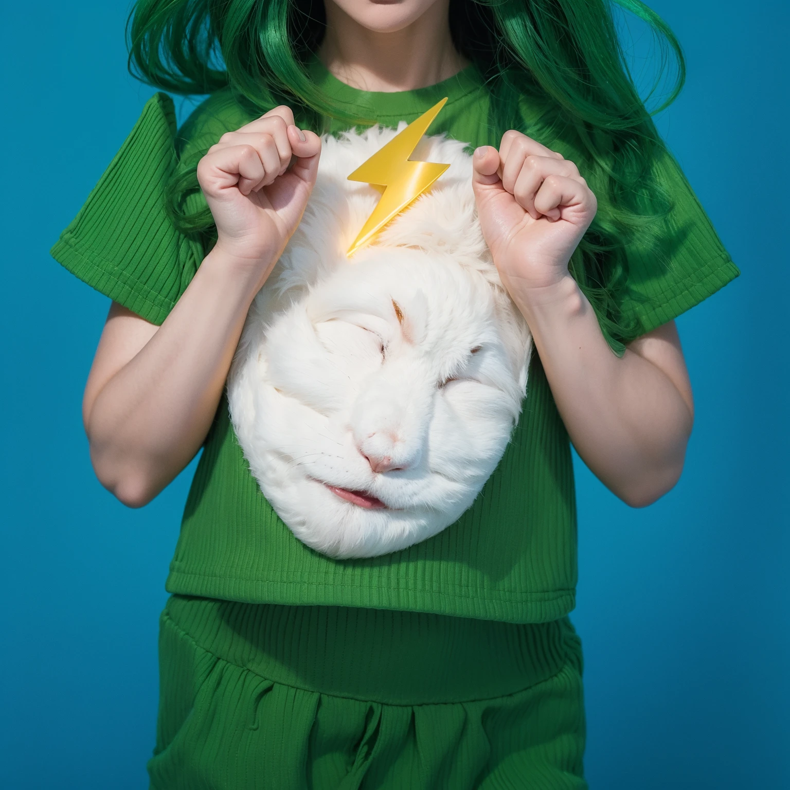 This image features a dressed in a vibrant green outfit, symbolizing energy and youthful vibrancy. The outfit includes a textured white chest piece resembling a fluffy bunny's belly, adding a playful and imaginative touch to the ensemble. The is holding a bright yellow lightning bolt, further emphasizing the dynamic and energetic theme. The green attire is rich in color and matches the child's curly green hair, suggesting a coordinated and thoughtfully designed costume that might be part of a performance or a festive celebration. The solid bright blue background contrasts sharply with the green, making the outfit and the lightning bolt stand out prominently, focusing attention on the child's midsection and the items they are presenting. This setup captures a moment of playful creativity, showcasing a costume that is both f The bright blue background complements her vivid attire and cheerful demeanor, creating a cohesive and eye-catching visual. This portrayal captures the essence of a character full of life, joy, and a touch of whimsy. 3d model, multiple light sources, rim light, sharp post broken glass magic ball of turquoise color with fragments lying nearby frame above from above on a white background effects render, (glossy plastic texture with multiple big light probe refractions), perfect cgi, smooth silhouette, high intensity refraction, (super glossy plastic material), most beautiful vfx, , realistic, 4k, high resolution, rim light, smooth 3d model, multiple light sources, rim light, sharp post effects render,, realistic, 4k, high resolution, rim light detailed digital art, reflective, best quality, 4k, masterpiece:1.2, ultra-detailed, realistic, vivid colors, The image of the highest quality, ensuring every detail showcased perfectly. It in 4k resolution, allowing viewers to immerse themselves in the richness of the colors and intricate details. The realistic rendering. under the spotlight, reflecting, high-resolution image, realistic rendering