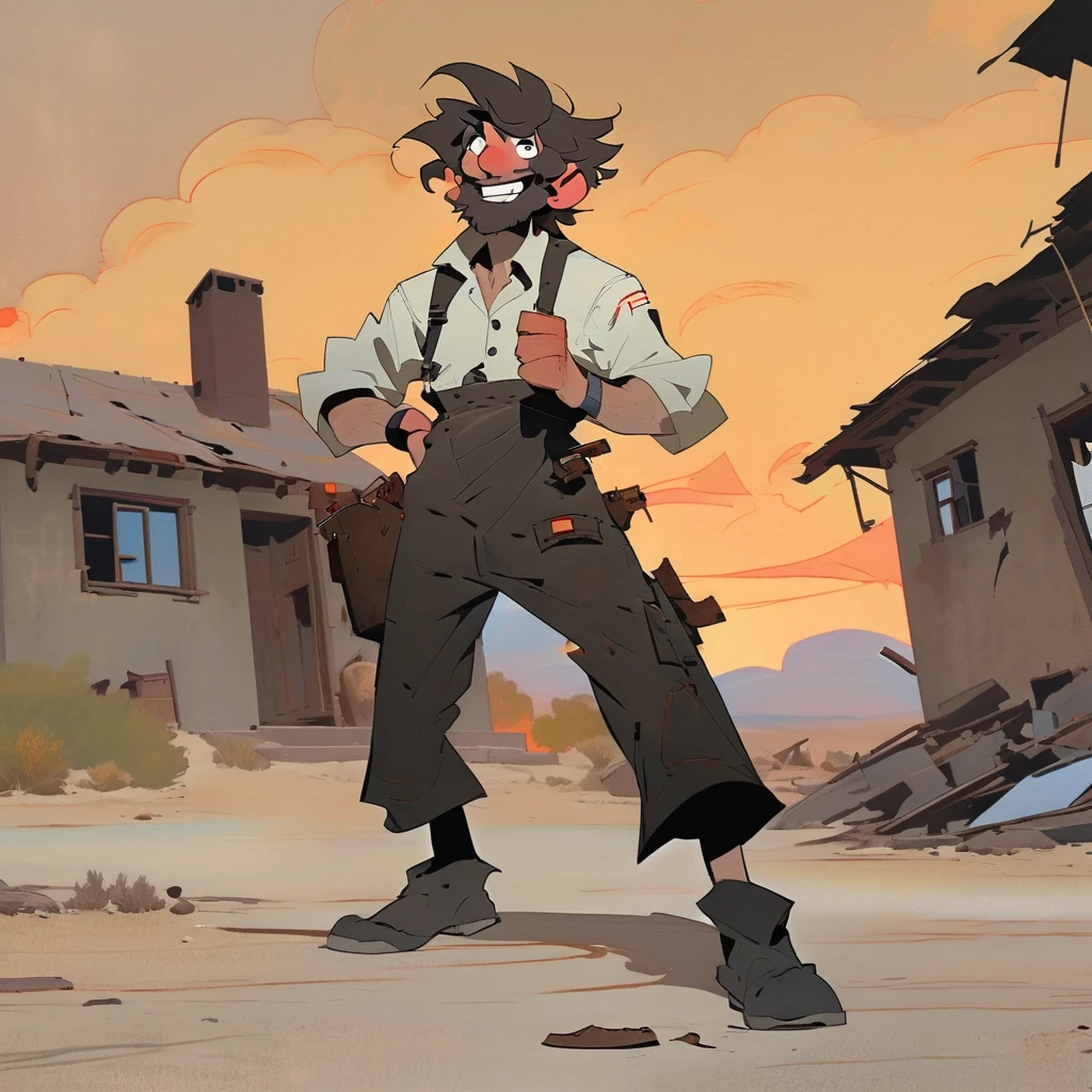 1man, Western, black wavy Messy hair, burnt hair, Leather apron, White button-down shirt, black pants patched, Failed beard, young adult, Thin, full body, Holding a Dynamite bomb, outside a house in the desert, Dirty with soot, Laughing, explosives, dynamite, Hunchback