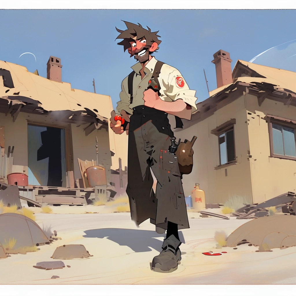 1man, Western, black wavy Messy hair, burnt hair, Leather apron, White button-down shirt, black pants patched, Failed beard, young adult, Thin, full body, Holding a Dynamite bomb, outside a house in the desert, Dirty with soot, Laughing, explosives, dynamite, Hunchback 