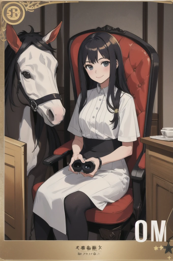 (masterpiece, Highest quality:1.2), alone, One girl, Horse Girl, smile, View your viewers, Sitting, Chair, Have, Horse&#39;s ears, Purple Shirt, Puff short sleeves, White Skirt, White knee socks, Horse tail, indoor, classroom 