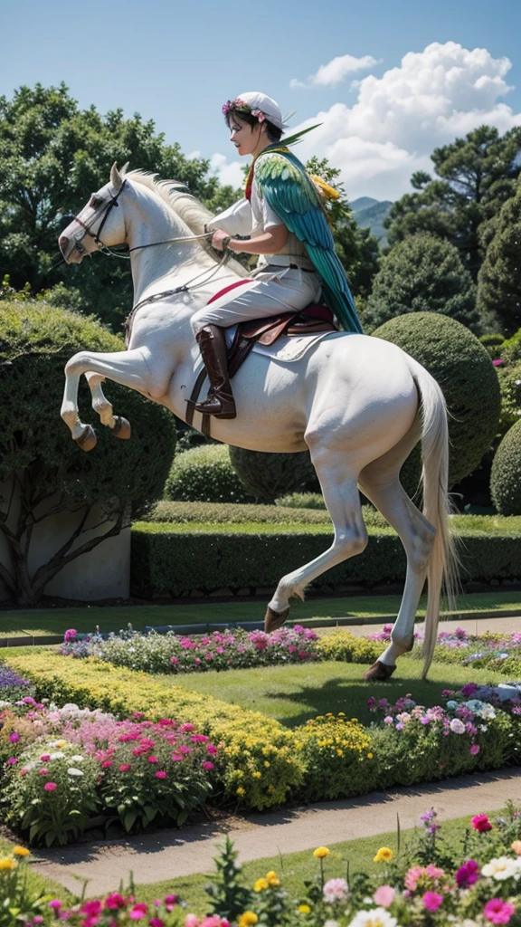 A white horse in a flower garden with a parrot flying in Japan