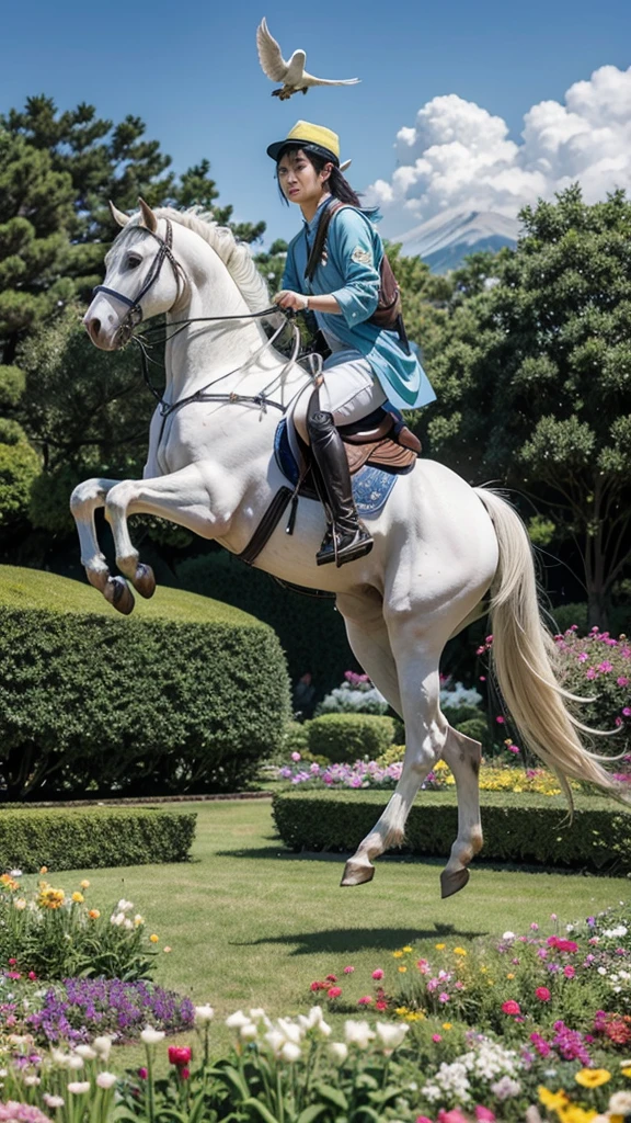A white horse in a flower garden with a parrot flying in Japan