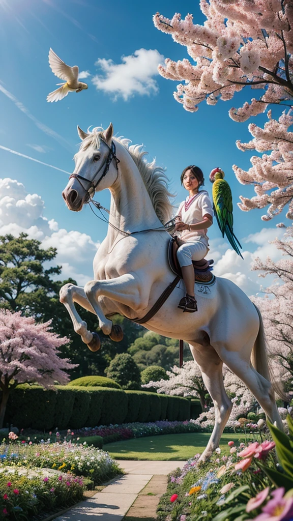 A white horse in a flower garden with a parrot flying in Japan 