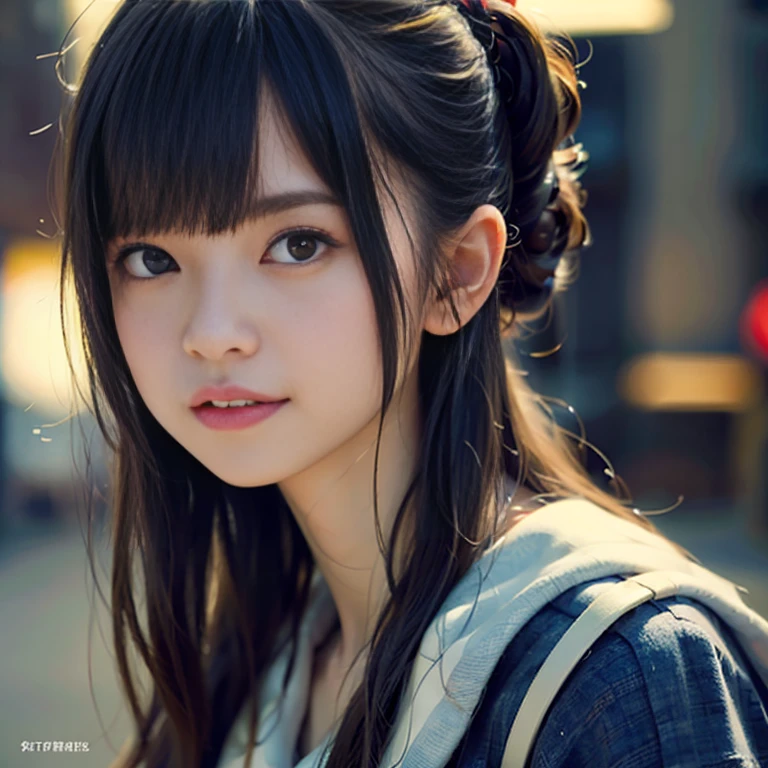 Cute Japanese girl, 20 years old, small face with straight nose and rose lips, smiling, facing front, soft skin perfect face, long black fine hair bright airy glow, beautiful eyes, ponytail hair, red polka dot flared skirt, light blue green shirt, beige jacket, nike sneakers, light academia, close-up shot, cinematic, flag best quality, super realistic, masterpiece, super detalie, dynamic angle, crisp photo