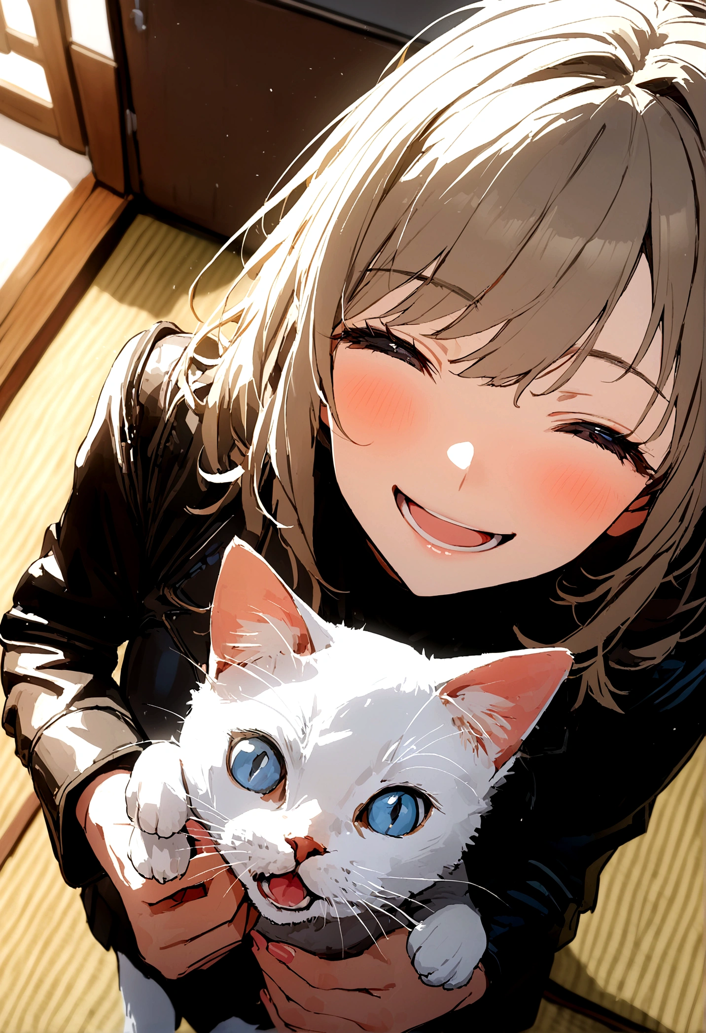 1 girl, Japanese milf holding a cat, happy, smile, women's room, women's clothing, close-up, view from above,
8 k, RAW, Best quality, Genuine Leather, Detailed skin, (dent in the skin:0.3), depth of field