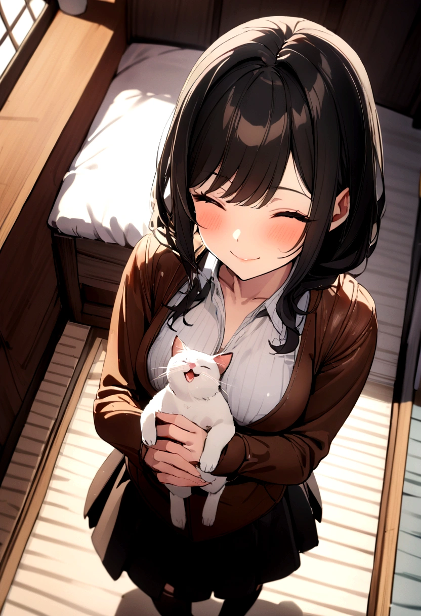 1 girl, Japanese milf holding a cat, happy, smile, women's room, women's clothing, close-up, view from above,
8 k, RAW, Best quality, Genuine Leather, Detailed skin, (dent in the skin:0.3), depth of field