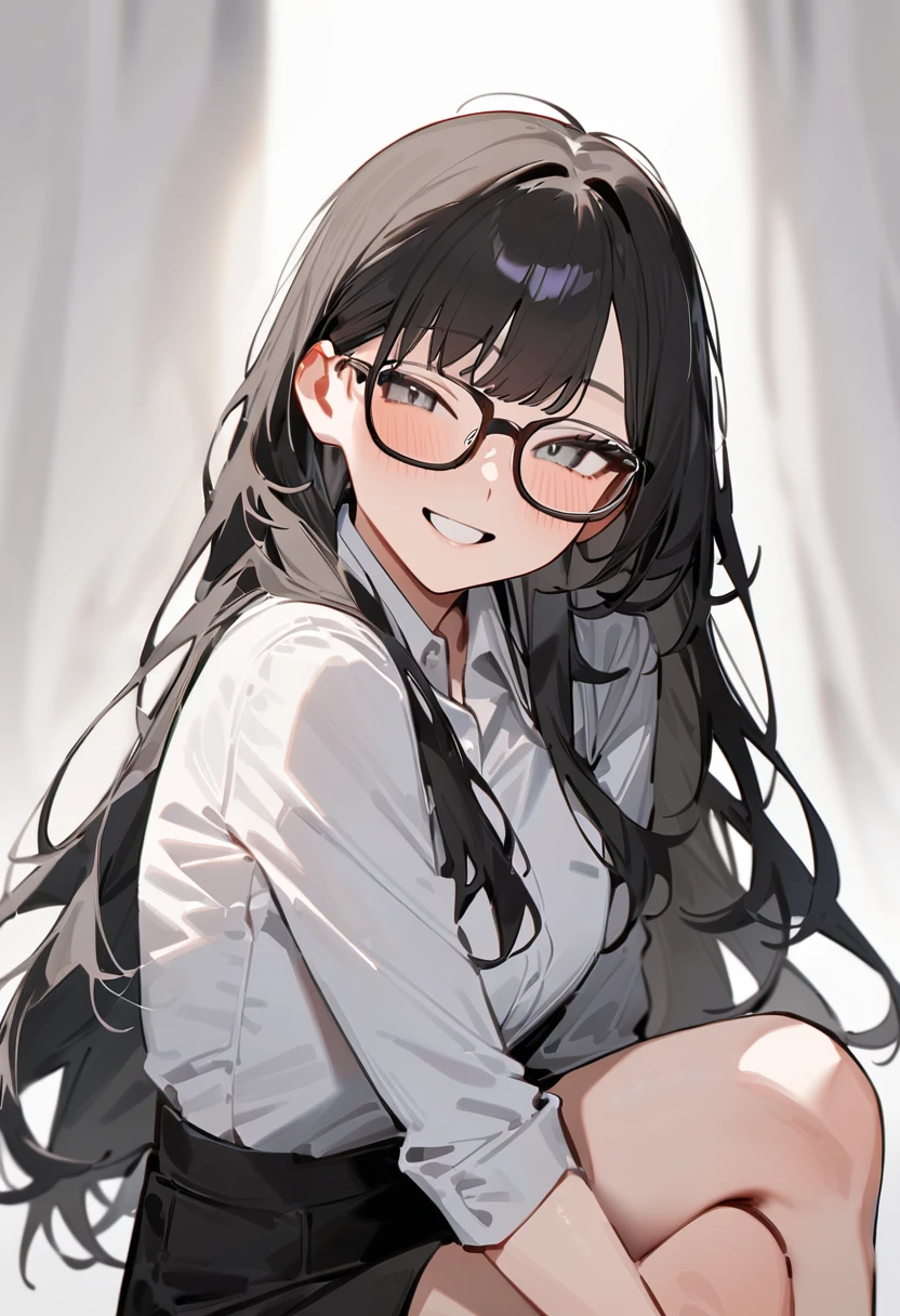 masterpiece, Highest quality, so beautiful, Absurd,
One girl, alone, Black Hair, Long Hair,
Thermont 16A, Glasses, 
Collared shirt, Happy, smile, View your viewers, Glassesの調整, White Background, Simple Background,
 