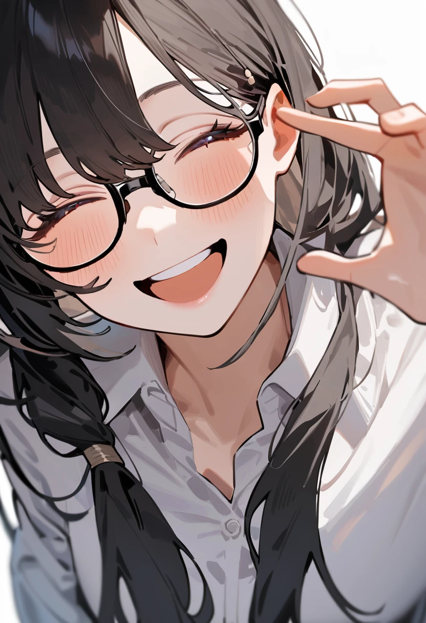 masterpiece, Highest quality, so beautiful, Absurd,
One girl, alone, Black Hair, Long Hair,
Thermont 16A, Glasses, 
Collared shirt, Happy, smile, View your viewers, Glassesの調整, White Background, Simple Background,
 