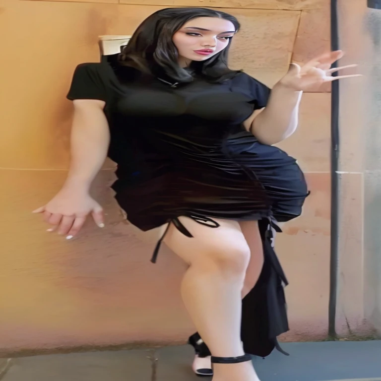 there is a woman in a black dress posing for a picture, sexy dress, she is wearing a black dress, wearing a tight black dress, black dress, captivating and enticing, full length view, wearing black dress, 165 cm tall, very sexy outfit, full body picture, 2 , tight dress, shiny black dress, sexy look