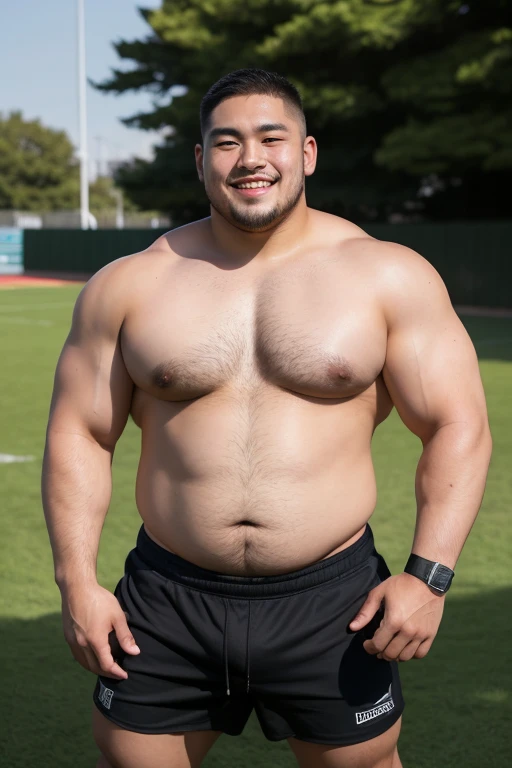 ((highest quality)), ((masterpiece)), (detailed), ((Perfect Face)), 4k, Shaved head, Young Japanese, Muscular, Fat body, Very big man, smile, ((showing off crotch))A large Japanese man topless、whole body、Rugby last week、Thick legs、Thick arm muscles、Intimidating、whole body、wearing a very tight black shorts