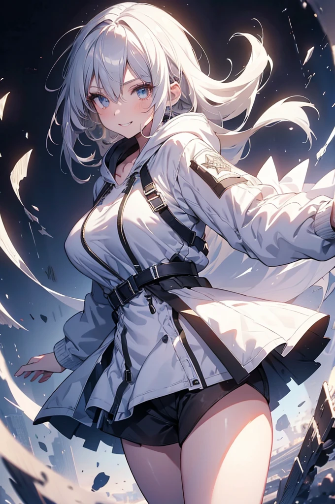 Concept Art, white Background, simple Background, White hair, Silver gradient hair , Composite cloth, Virtual YouTuber, best quality, masterpiece, Dynamic Angle, , cowboy_shooting, Watching_Back, grab, girl,Miss,woman, young,20 years old, , Hair Flip, Silver Hair, Flowing hair, Ahog, giggle, Beautiful and delicate golden eyes, teeth, Large Breasts, Blonde eyes, White skin, hoodie, Black_shorts, Gray clothes, transparent_Background, Backlighting, absurd, high resolution, Extremely detailed,sweater,Smile