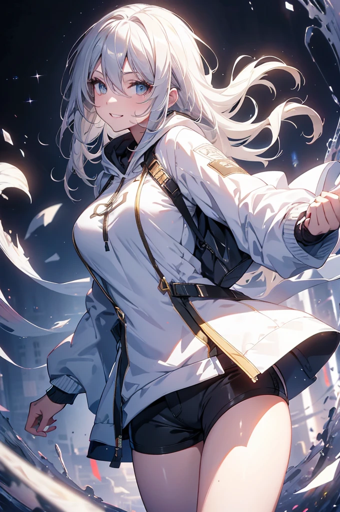 Concept Art, white Background, simple Background, White hair, Silver gradient hair , Composite cloth, Virtual YouTuber, best quality, masterpiece, Dynamic Angle, , cowboy_shooting, Watching_Back, grab, girl,Miss,woman, young,20 years old, , Hair Flip, Silver Hair, Flowing hair, Ahog, giggle, Beautiful and delicate golden eyes, teeth, Large Breasts, Blonde eyes, White skin, hoodie, Black_shorts, Gray clothes, transparent_Background, Backlighting, absurd, high resolution, Extremely detailed,sweater,Smile