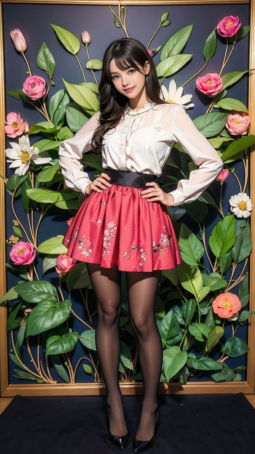 ((masterpiece)),(((Highest quality))),Thin thighs,Long legs,whole body:1.5,(One Girl:1.3),(Black pantyhose and thick pointy heels:1.3),(Wearing a mini mini mini flare skirt dress with floral and ornamental plant patterns:1.2),Short Blonde:1.2、Model pose,high waist:1.5、Standing with legs apart:1.5,Cute pose with hands on hips:1.5,The best smile:1.5,