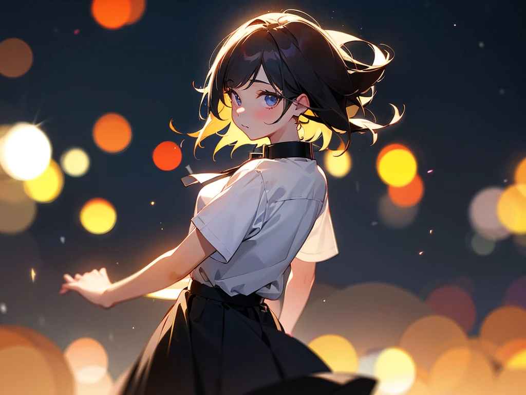female, 1girl, solo, white shirt short sleeve, collar shirt, black skirt, from behind view, cowboy shot, night, (bokeh:1.3), street, looking at viewer, cute face,