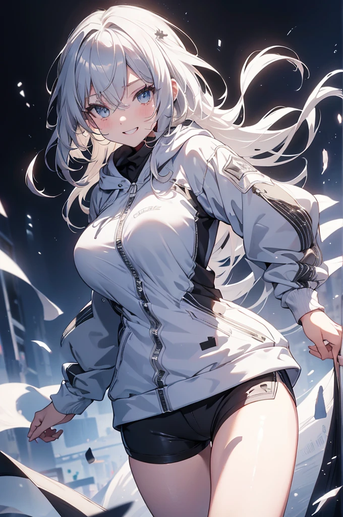  Concept Art, white Background, simple Background, White hair, Silver gradient hair , Composite cloth, Virtual YouTuber, best quality, masterpiece, Dynamic Angle, , cowboy_shooting, Watching_Back, grab, girl,Miss,woman, young,20 years old, , Hair Flip, Silver Hair, Flowing hair, Ahog, giggle, Beautiful and delicate golden eyes, teeth, Large Breasts, Blonde eyes, White skin, hoodie, Black_shorts, Gray clothes, transparent_Background, Backlighting, absurd, high resolution, Extremely detailed,sweater,Smile