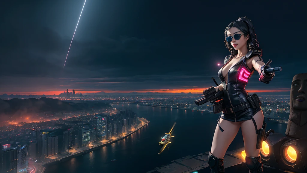 At night, dark sky, aerial view of fantasy cyberpunk style Moai-statue city, ((flying vehicle)). (1girl, solo), photo realistic, medium-breast:1.1 slim body, cleavage, sexy clothes, (black sunglasses), (((hip-up standing aiming pistol pose))), half-body thigh level medium shot, cinematic lighting.