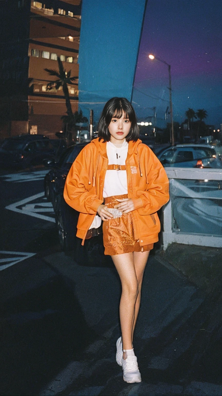 analog film photo cinematic photograph long shot portraits by Wes Anderson, cute 23 yo girl ,fokus, bokeh ,wear ((orange color oversized_hoodie)), wear ((purple tennis skirt)),looking front,Best Quality,Masterpiece,Ultra High Resolution,(Realisticity:1.4),Original Photo, 1Girl, light leak,ultra high resolution,UHD,beautiful, (black bob hair), almond eye, no makeup, in front of (80's mondrian architecture motel), (realistic:1.2), (surreal:1.3), (very detailed:1.1), ((masterpiece)),summer, blue sky, palm trees,sunny, los angles vibes,film camera, 800mm lens,style of Philip Lorca diCorcia