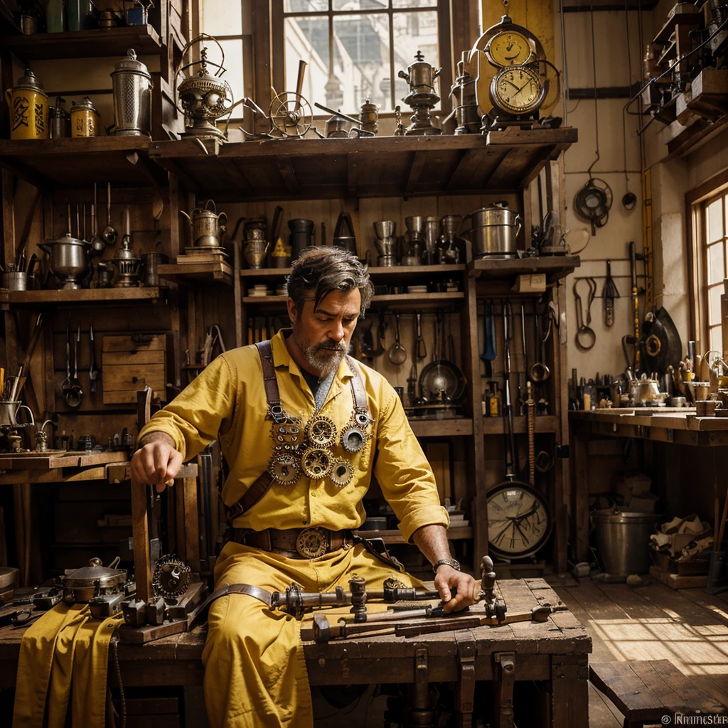 Create a creative and imaginative image of a master craftsman wearing yellow work clothes and proficiently using various tools. Set him in an unconventional and fantastical workshop, such as a steampunk-inspired studio with intricate gears and mechanical wonders, or a magical realm where tools come to life with enchanting powers. Infuse the image with elements of innovation and creativity, showcasing his expertise in a unique and captivating environment. Capture the spirit of craftsmanship and imagination, creating a visually striking and imaginative scene.
