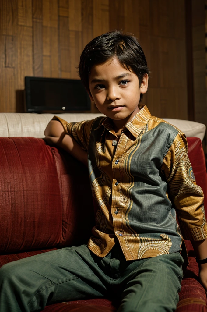 an 8 boy.wearing batik clothes,pose sofa,family room background,rialistic,original photo