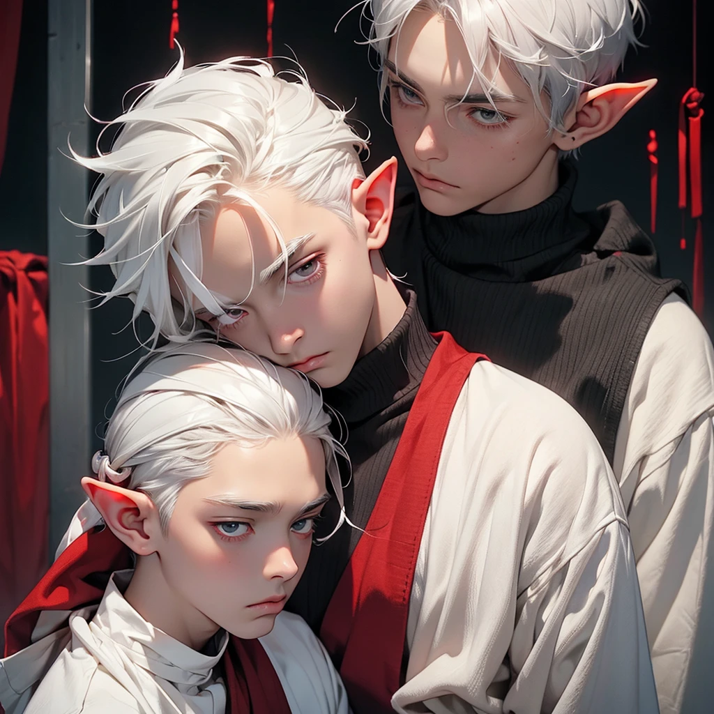 young elf man, grey skin, white hair, red eyes dark clothes, tired, sad