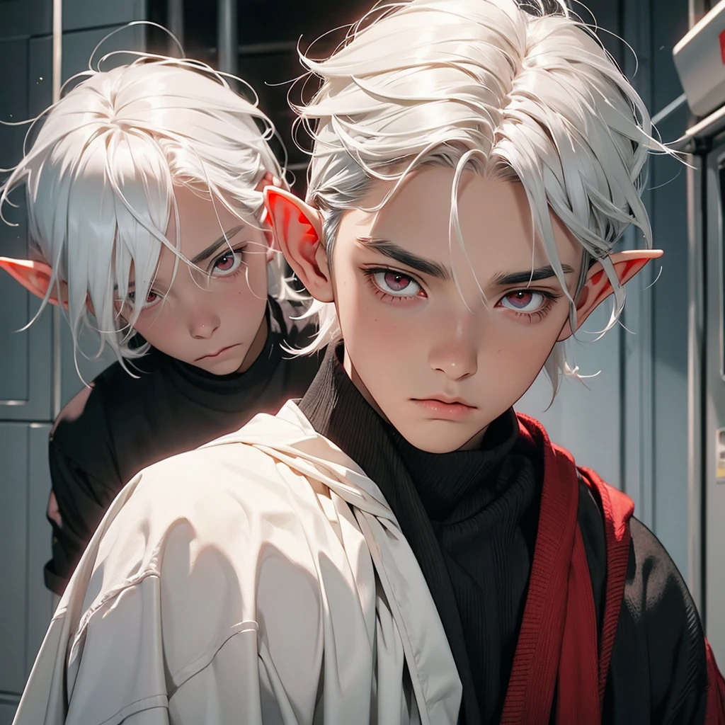 young elf man, grey skin, white hair, red eyes dark clothes, tired, sad