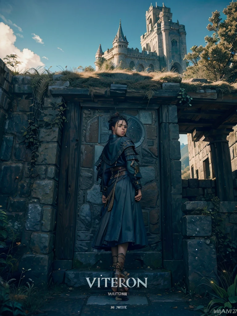 A warrior woman with her back turned, looking into the distance a kingdom, A beautiful castle stands out, guarded by a high wall and stone giants., watchtowers can be seen, the view is wide, from the bottom of the jacket. The kingdom looks big and prosperous with hanging gardens.

Hyperealismo, cinematic style, Ultra realism, HDR, cinematic lighting, unity rendering, high detail, 4k resolution, vfx effects.