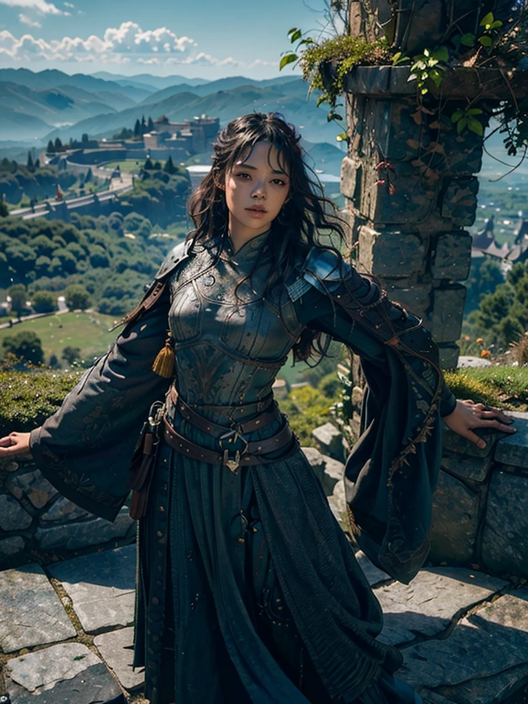 A warrior woman with her back turned, looking into the distance a kingdom, A beautiful castle stands out, guarded by a high wall and stone giants., watchtowers can be seen, the view is wide, from the bottom of the jacket. The kingdom looks big and prosperous with hanging gardens.

Hyperealismo, cinematic style, Ultra realism, HDR, cinematic lighting, unity rendering, high detail, 4k resolution, vfx effects.