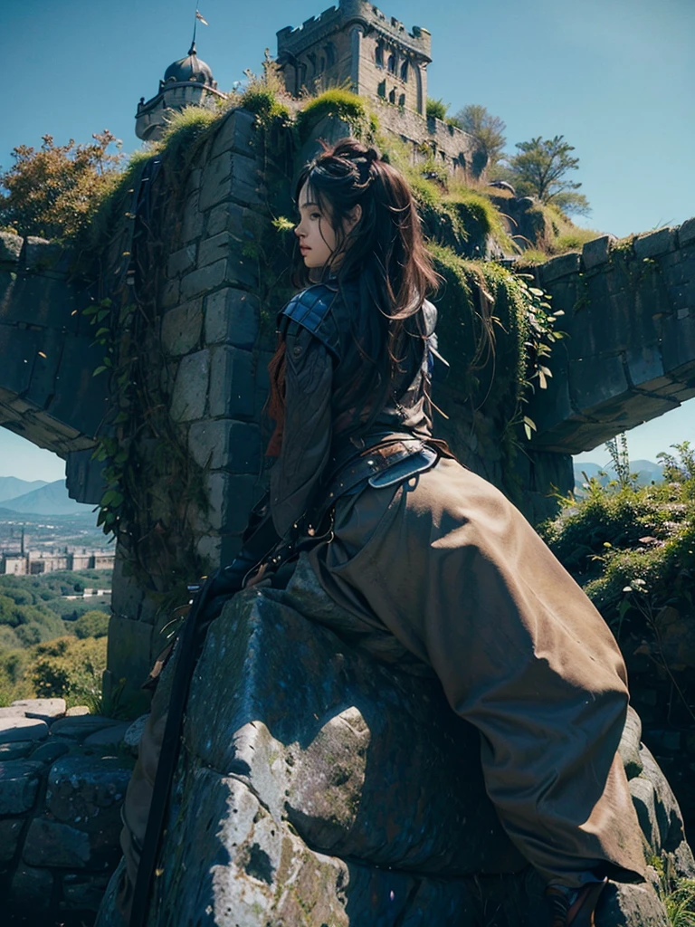 A warrior woman with her back turned, looking into the distance a kingdom, A beautiful castle stands out, guarded by a high wall and stone giants., watchtowers can be seen, the view is wide, from the bottom of the jacket. The kingdom looks big and prosperous with hanging gardens.
Hyperealismo, cinematic style, Ultra realism, HDR, cinematic lighting, unity rendering, high detail, 4k resolution, vfx effects.