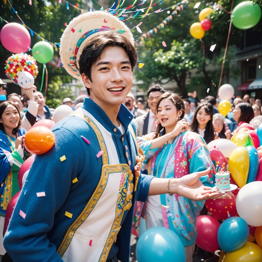 Create a creative and imaginative image of a kind-looking consul man wearing blue clothes and holding a birthday cake. Set him in an unconventional and whimsical setting, such as a magical garden with floating candles and colorful confetti raining down, or a fantastical realm where cakes are giant and candles dance with music. Infuse the image with elements of wonder and celebration, showcasing his role as a bringer of joy and connection.Surround the kind-looking consul man with a vibrant and lively background, such as a festive party scene with balloons, streamers, and joyful guests celebrating. Enhance the atmosphere with bright colors and dynamic elements that symbolize happiness and festivity, creating a visually striking and joyful image.