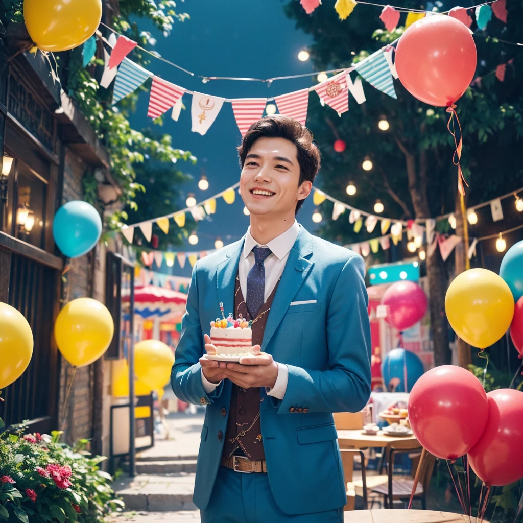Create a creative and imaginative image of a kind-looking consul man wearing blue clothes and holding a birthday cake. Set him in an unconventional and whimsical setting, such as a magical garden with floating candles and colorful confetti raining down, or a fantastical realm where cakes are giant and candles dance with music. Infuse the image with elements of wonder and celebration, showcasing his role as a bringer of joy and connection.Surround the kind-looking consul man with a vibrant and lively background, such as a festive party scene with balloons, streamers, and joyful guests celebrating. Enhance the atmosphere with bright colors and dynamic elements that symbolize happiness and festivity, creating a visually striking and joyful image.