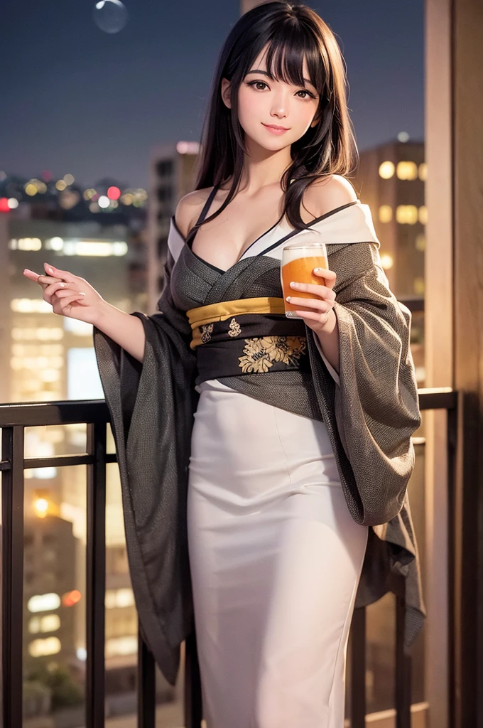 (masterpiece), best quality, expressive eyes, perfect face, At night, under the city lights, on a balcony of an apartment, a A beautiful black-haired woman in a kimono drinks beer, smiling, under the moon and stars, feeling the night breeze.