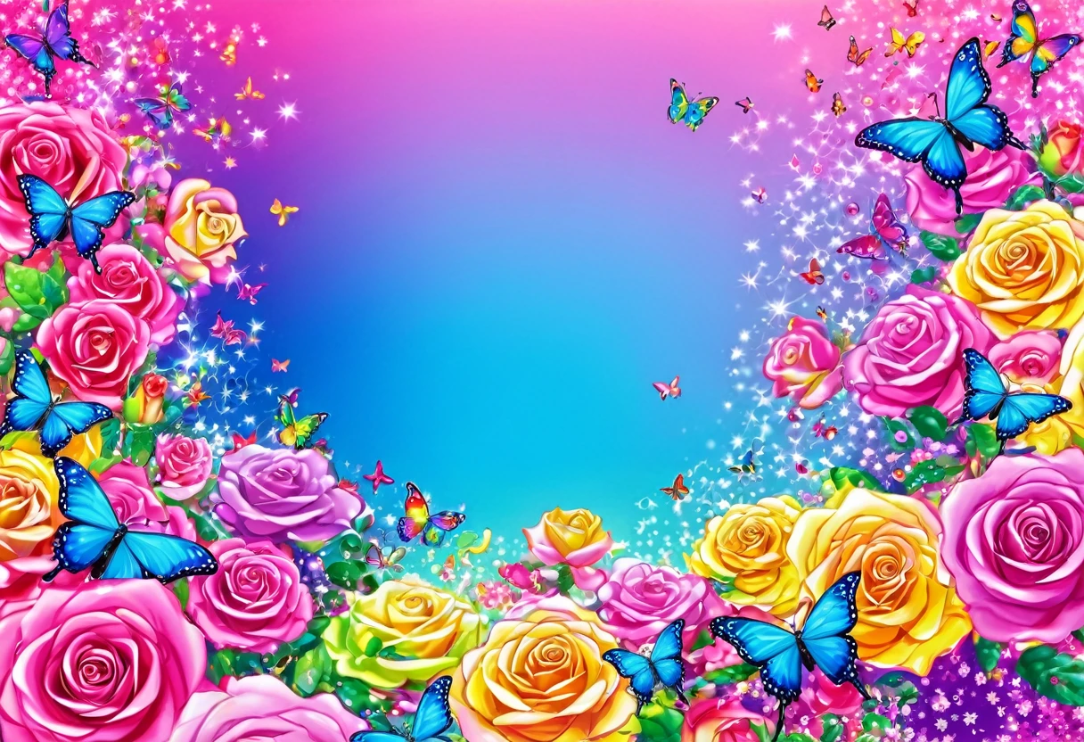 Background with butterflies and roses、Rainbow background, Lisa Frank's painting, Instagram, Psychedelic Art, harmony of 蝶, Beautiful and colorful, Colorful HD images, Beautiful colorful, Flowers and butterflies, Magical colorful flowers, two butterflies, Iridescent, rainbow wings, 8k high quality detailed art, Colorful painting, Rainbow of bright colors, Butterfly embroidery