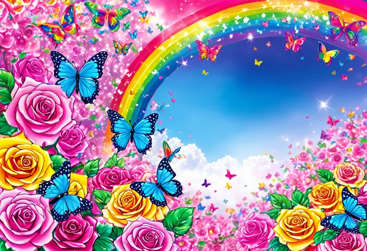 Background with butterflies and roses、Rainbow background, Lisa Frank's painting, Instagram, Psychedelic Art, harmony of 蝶, Beautiful and colorful, Colorful HD images, Beautiful colorful, Flowers and butterflies, Magical colorful flowers, two butterflies, Iridescent, rainbow wings, 8k high quality detailed art, Colorful painting, Rainbow of bright colors, Butterfly embroidery