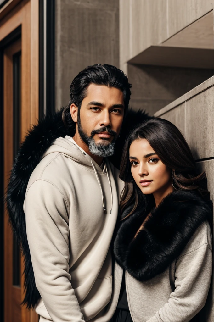 A man , black fur,goatee beard,White,Brown eyes,light brown pants,black sweatshirt,detailed health, With a woman,black fur,long smooth fur,black eyes,black vvewtido,HD, high quality