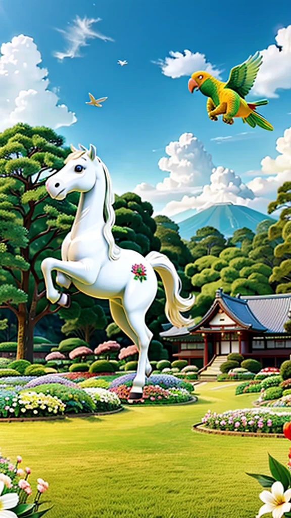 A white horse in a flower garden with a parrot flying in Japan