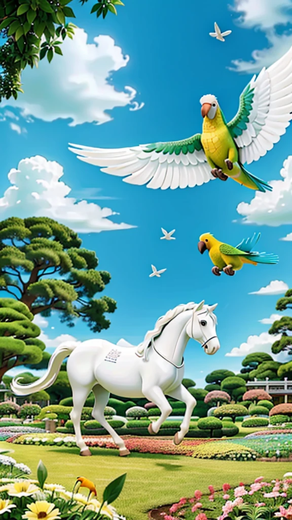 A white horse in a flower garden with a parrot flying in Japan