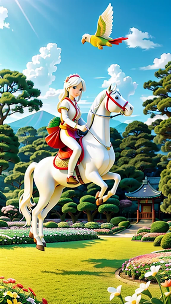 A white horse in a flower garden with a parrot flying in Japan