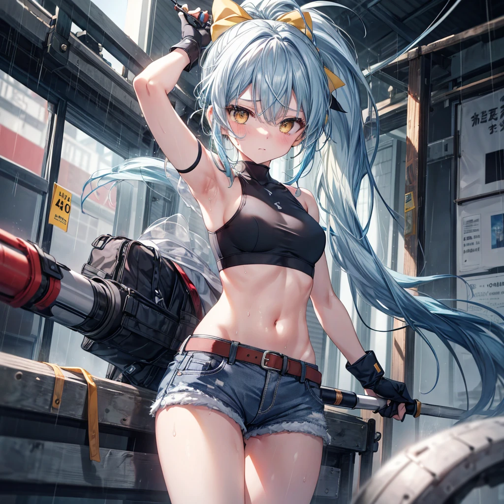((Highest quality)), ((masterpiece)), ((detailed)), (4K), a girl with lightblue hair and a top with short sleeves holding a screw driver, 1girl, 独奏, long hair, lightblue hair, navel, gloves, shorts, breasts, sweat, wrench, short shorts, very long hair, underwear, panties, holding, belt, arm up, ponytail, small breasts, blurry background, gray sky, rain, looking at viewer, black gloves, white panties, sports bra, wiping sweat, bow, bare shoulders, bangs, cowboy shot, yellow eyes, midriff, hair bow, (expressionless)