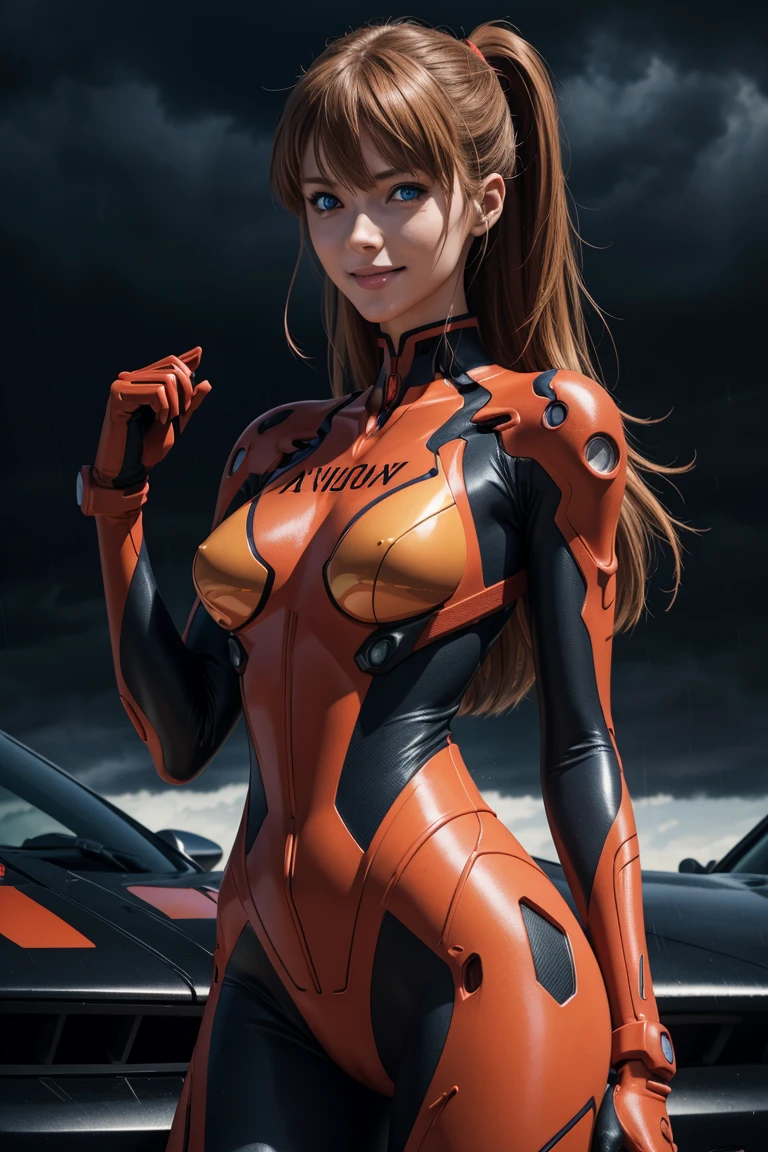 Evangelion,Asuka Langley,blue eyes,Plug Suit,Bodysuits,Interface Headset,赤いBodysuits,Ultra HD,super high quality,masterpiece,Digital SLR,Photorealistic,Detailed details,Vivid details,Depicted in detail,A detailed face,Detailed details,Super Detail,Realistic skin texture,Anatomical basis,Perfect Anatomy,Anatomically correct hand,Anatomically correct fingers,Complex 3D rendering,Sexy pose,Rainy Sky,Beautiful scenery,Fantastic night sky,Picturesque,Pink Lips,smile,