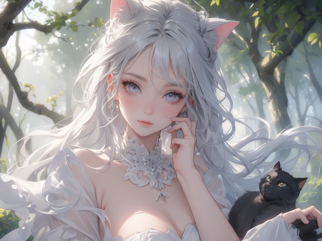 work of art, best qualityer, facefocus, rosto angelical, cat Woman, epic details, best resolution, 4K, (linda), blushed face, gray eyes, White hair, (( white eyelashes )), unsmooth skin, creative, good lighting, forest in the background