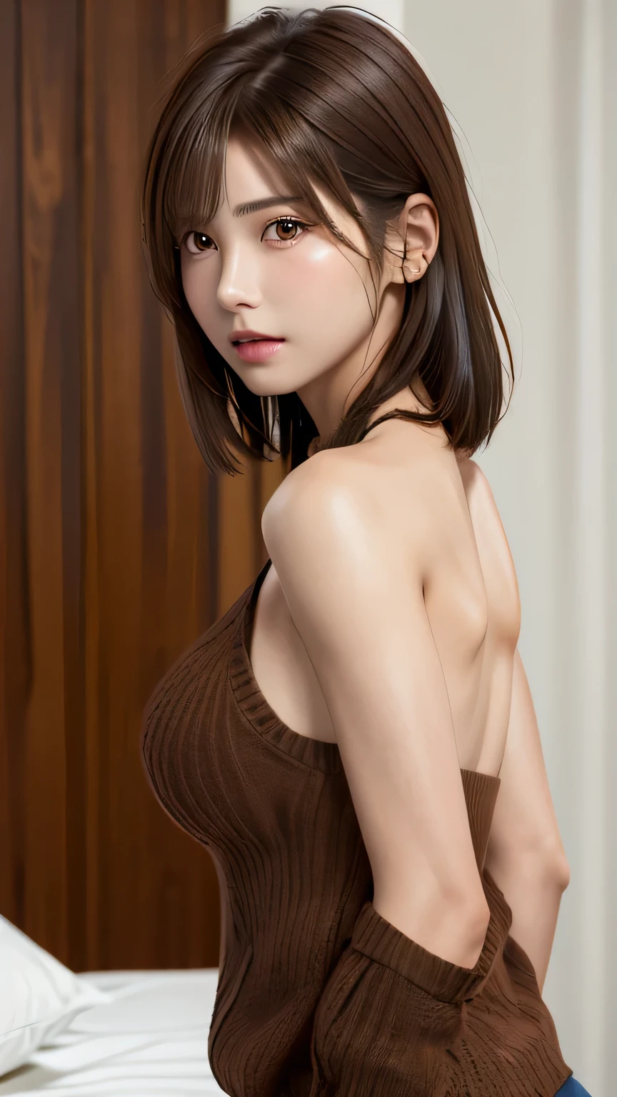 masterpiece, 最high quality, 超high quality, high quality, Realistic, photo Realistic, RAW Photos, Super detailed, Perfect body,Perfect breasts,Intricately detailed, room,(One girl, boyish,Brown Hair, pubic hair:1.5) ,Sleeveless turtleneck sweater,Sweater over naked,beige,Sideboob:1.5,The back is open:1.5, (Shiny skin), Iris, bangs, Mole